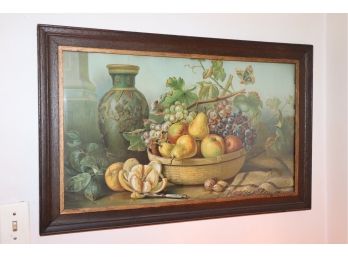 Antique Still Life Print Of Abundant Bowl Of Fruits And Romanesque Style Vase In Original Wood Frame