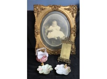 Vintage Collection - Antique Photograph In Frame, Small Pink Glass Basket Stamped Leaf Tray 4592- M.B Laron Le