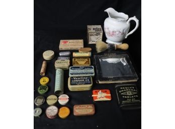 Antique Advertising Tins For Medicines , Pain Relief, Condoms , Camphor Ice & Small Shaving Mirror And Brush