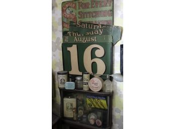Vintage Calendar & Singer Sewing Machine Metal Wall Plaque, Metal Cosmetic Tins, Yardley Talc & More