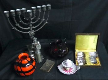 Menorah, Pottery Vases, Collection Of Spoons And More