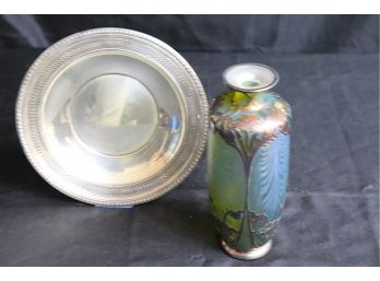 Beautiful Art Glass Vase With Heavy Sterling Overlay & Feathered Design & Sterling Plate Tina 310