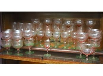 Mixed Set Of 2 Pink Depression Glasses With Etched Floral Design & Wavy Glass Pattern & Green Glass Bases