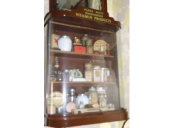 Antique Curved Hanging Wall Cabinet By Parke Davis & Advertising Bottles/Tins