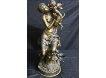 Bronze Statue Of A Woman And Cherub Angel - Cupid With Arrow And Bow Signed Moreau- Hors Comecour