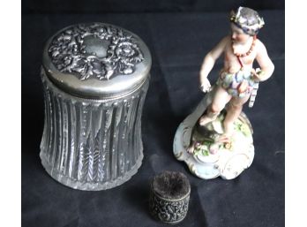 Antique Porcelain Figure, Cut Crystal Jar With Sterling Top And Embossed Design, And More