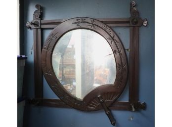 Antique Renaissance Revival Mahogany Wall Mirror & Coat Hooks Having An Oriental Fan Shape