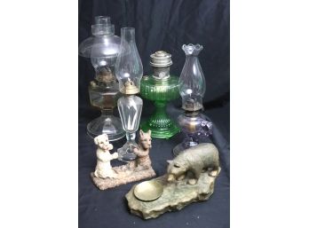 Vintage Hurricane Oil And Whale Oil Lamps, Vintage Dog Ceramic Cast Metal Bear With Insert