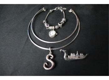 Siam Sterling Dragon Boat Pin, Sterling Charm Bracelet With Charms & Sterling Necklace
