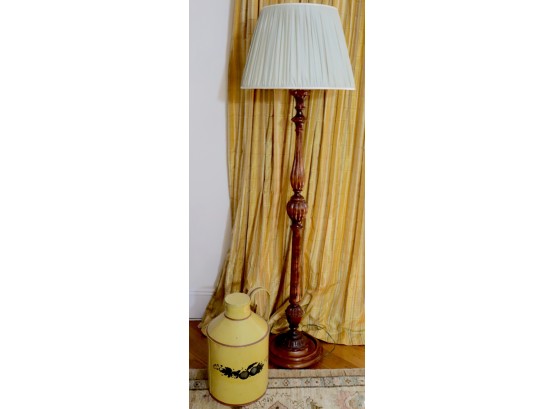 Quality Wood Floor Lamp With Gingham Check Shade With Vintage Pale Yellow Milk Jug