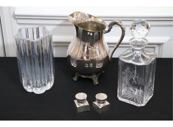 Silver Plate Pitcher, Salt & Pepper, Kosta Boda Glass Vase & Etched Golf Decanter