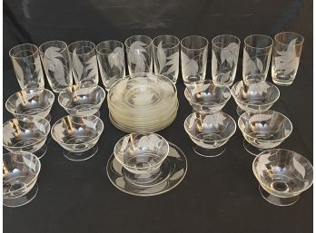 Vintage Etched Leaf Glass Breakfast Set  Juice Glasses, Footed Bowls & Dishes