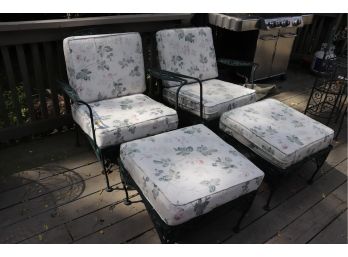 Pair Of Painted Cast Iron Chairs With Matching Ottomans Featuring Cushions