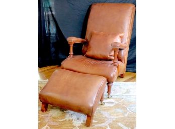 Classic Henredon Studded Leather Chair  With Tilted Ottoman And Leather Throw Pillow