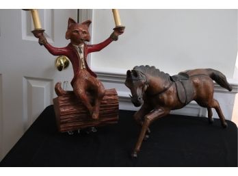 Decorative Fox Matre D Wall Sconce & Leather Clad Horse Figurine