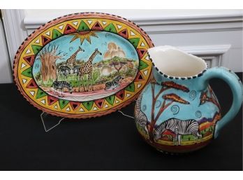 Vintage Hand Painted Ceramic Pitcher & Oval Platter Penzo Zimbabwe