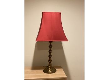 Vintage Brass Turned Table Lamp With Silk Shade