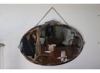 Art Deco Style Beveled Oval Wall Mirror With Silver Finish Trim