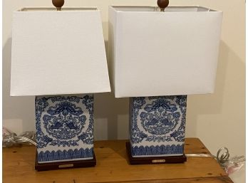 Pair Of Lauren Ralph Lauren Blue & White Ceramic Table Lamps With Wood Bases