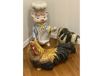 Fun Kitchen Counter Top Ceramic Displays- Pig Chef, Rooster And Resin Cow