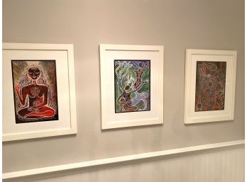 Trio Of Funky Colorful Prints In White Frames