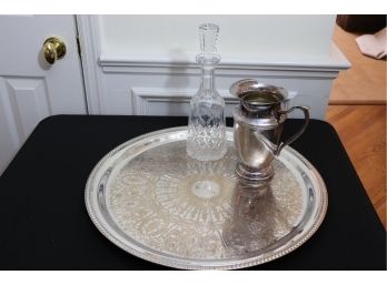 Assorted Silver Plate Serving Pieces & Waterford Crystal Decanter