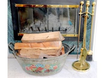 Fireplace Tools Metal Hand Painted Bucket With Firewood, Brass Finish 5 Piece Fireplace Tools