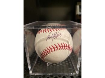 Rudy May Signed Baseball In Acrylic Box