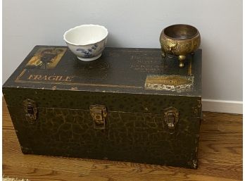 Vintage Wood Chest With Appliqu Finish With Assorted Bowls