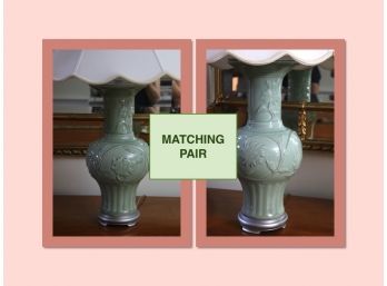 Pair Of Celadon Ceramic Vase Form Lamps With Silvered Bases And Antique Style Shades