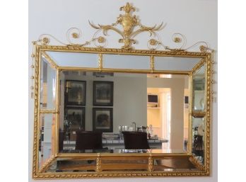 Gilded Beveled 11 Panel Wall Mirror With Urn, Flame, Scroll Work Crest With Ornate Details
