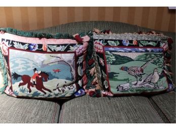 Air Of Distressed Needlepoint Pillows With Equestrian And Fowl Scenes