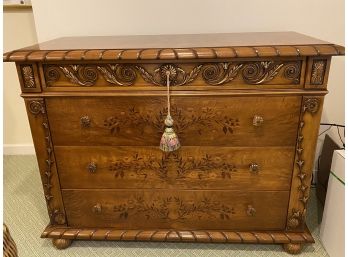 Fabulous Burlwood Inlay 4 Drawer Chest With Ornate Details