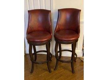Pair Of Deep Port Red Leather Swivel Bar Height Stools