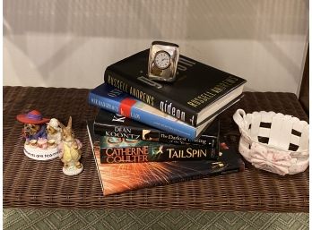 5 Assorted Hard Cover Books With Decorative Tabletop Accessories