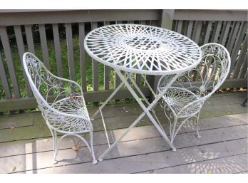Vintage Painted White Metal Bistro Table With Pair Of Childrens Chairs