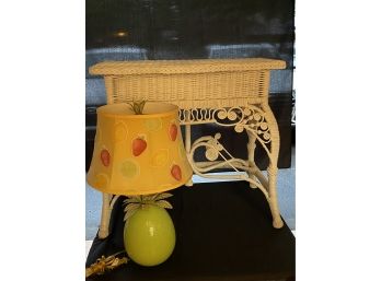 Eclectic Pair Of White Wicker Table And Fun Fruit Inspired Table Lamp