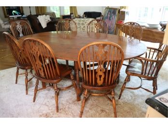 Vintage Oak Gateleg Drop Leaf Table With 8 Windsor Style Dining Chairs