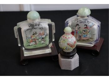 3 Reverse Painted On Glass Snuff Bottles With Jade Lids & Wood Bases