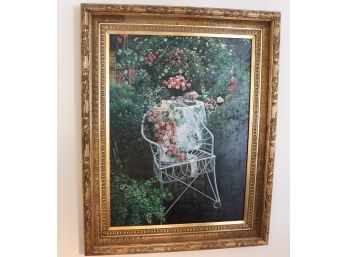 Ornate Gilded Frame With Painting On Canvas Of Fabulous Garden Scene And Roses