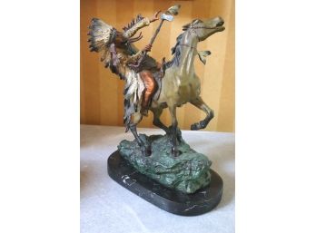 Reproduction Kauba Cold Painted Bronze With Marble Base, Native American On Horseback