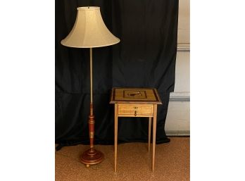 Exquisite Inlay Detailed Wooden Side Table And Large Turned Wood Floor Lamp