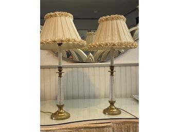 Pair Of Ornate Crystal And Bronze Candlestick Table Lamps