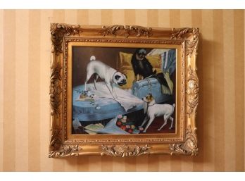 Signed R Robinson Dogs In Boudoir, Oil On Canvas In Ornate Gilded Frame