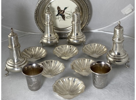 Nice Size Lot Of Sterling Pcs 6 Clam Shell Teabag Caddies And 4 Salt Pepper Shakers 2 Persian Shots 1 Plate