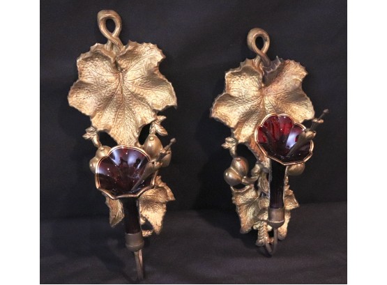 Pair Of Ornate Metal Grape Leaf Sculpture Hand-Blown Glass Wall Sconces