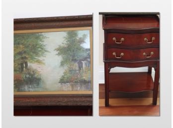 Vintage Impressionist Style Painting On Board And Chippendale Style Side Table