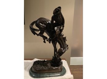 Large Well Casted Frederick Remington Bronze Horse And Rider On Green Marbleized Metal Base