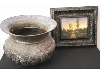 Eclectic Pair Of Metal Planter And Ornate Wood Frame