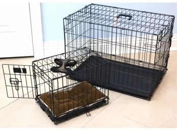 Pair Of Black Metal Pet Crates And Dog Accessories